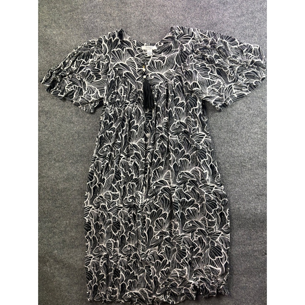 Go Softly Patio Muumuu Dress Womens Small Black White Leaf Print Tassel Rayon